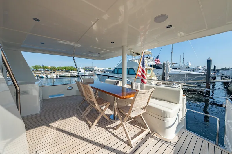 Slide: The Image of Spacious deck of 2016 Grand Banks 72 Aleutian RP yacht with seating and table. - 13