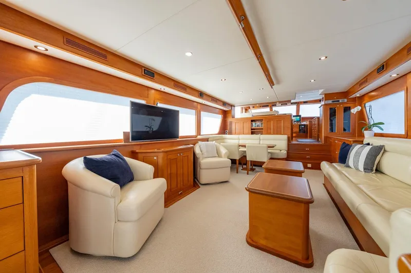 Slide: The Image of Luxurious interior of 2016 Grand Banks 72 Aleutian RP yacht with elegant wood finish. - 46