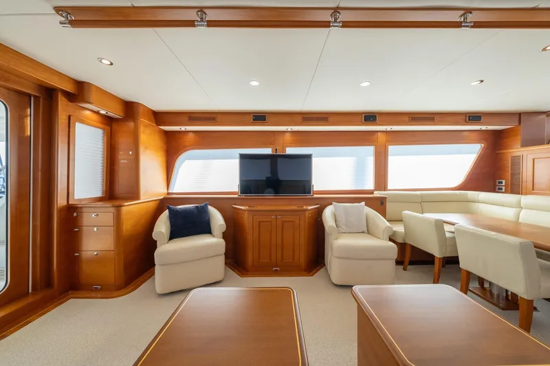 Slide: The Image of Luxurious interior of 2016 Grand Banks 72 Aleutian RP yacht with elegant wood and leather furnishings. - 47