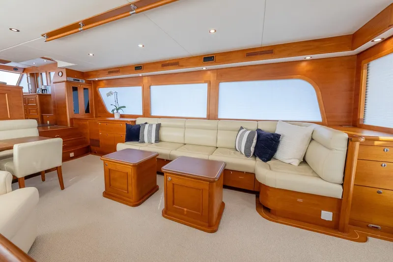 Slide: The Image of Luxurious interior of 2016 Grand Banks 72 Aleutian RP yacht with elegant wood and leather furnishings. - 50