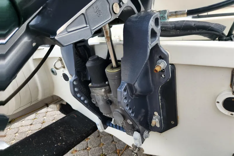 Slide: The Image of Close-up of a 2019 Novurania DL 400 boat engine mount and hydraulic system. - 41