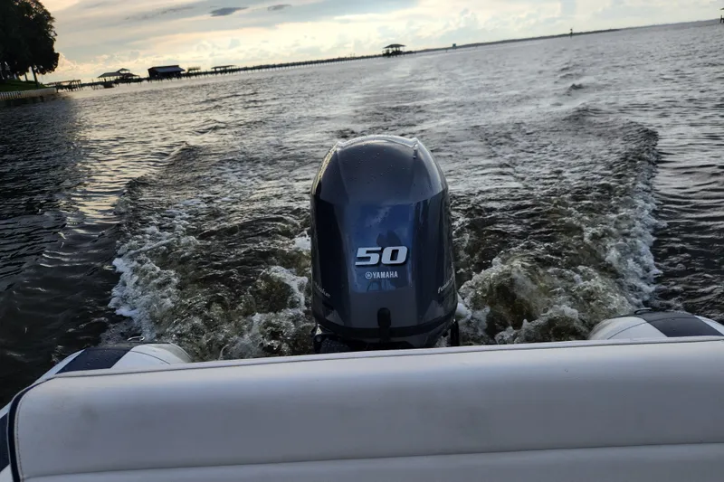 Slide: The Image of Novurania DL 400 boat with Yamaha 50 engine cruising on a scenic waterway, 2019 model. - 53