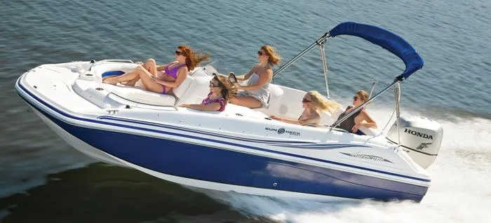 Slide: The Image of Manufacturer Provided Image: 2013 Hurricane SunDeck Sport 188 OB boat cruising with passengers on a sunny day. - 24