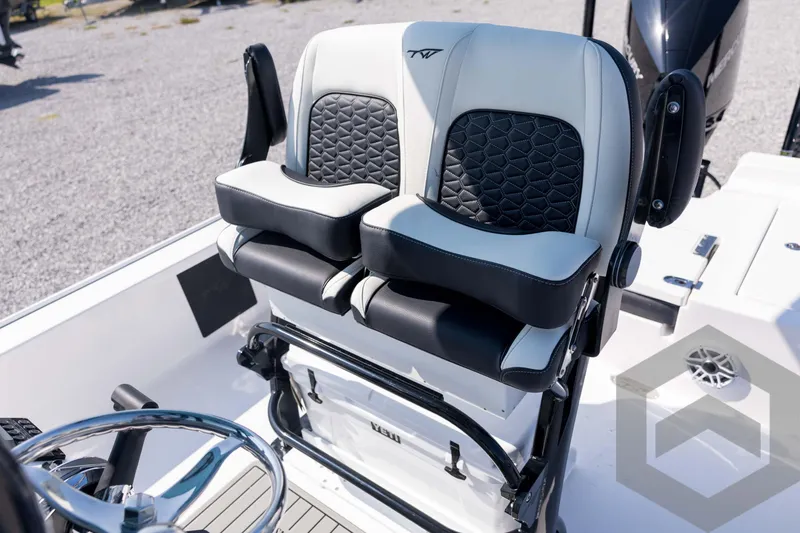 Slide: The Image of 2026 Tidewater 2410 Bay Max boat seats, featuring sleek black and white design. - 45