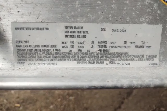 Slide: The Image of Label on Venture Trailers, model VATB-7225, dated October 2, 2025, with specifications. - 36