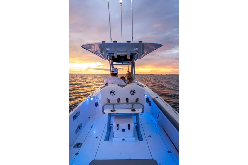 Slide: The Image of 2026 Edgewater 250 CC boat cruising at sunset with two passengers. - 12