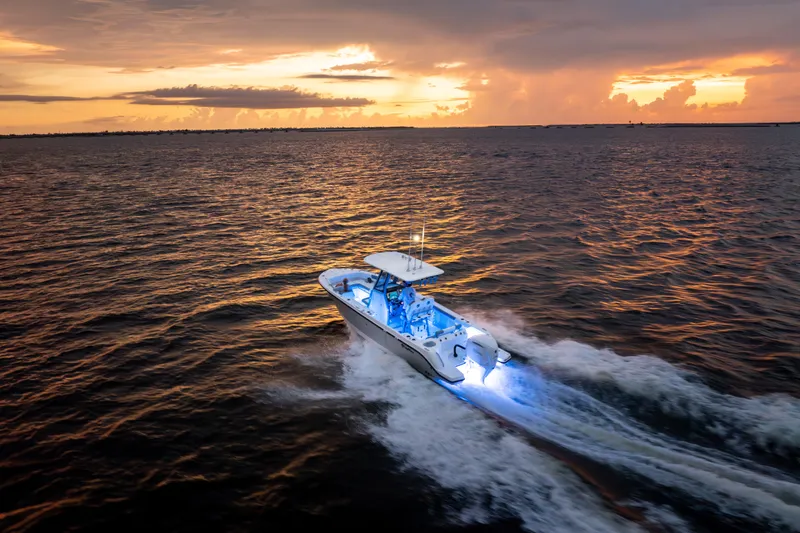 Slide: The Image of 2026 Edgewater 250 CC boat cruising at sunset with illuminated deck on open water. - 2