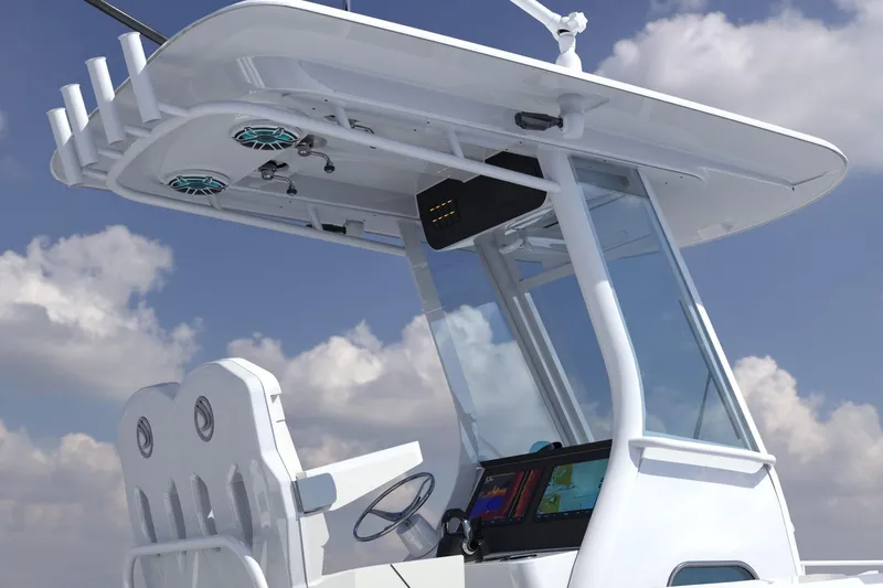 Slide: The Image of 2026 Edgewater 250 CC boat console with advanced navigation system and sleek design. - 3