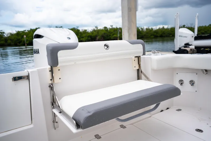 Slide: The Image of 2026 Edgewater 250 CC boat with foldable seat and Yamaha engine, docked by the water. - 8