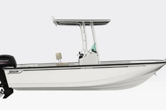 The Image of 2026 Boston Whaler 190 Montauk boat, side view, with T-top and outboard motor. - 1