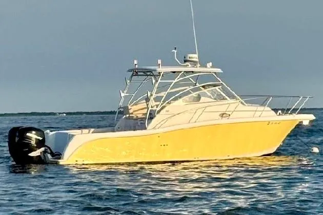 The Image of 2006 Pro-Line 32 Express boat with yellow hull on open water. - 0