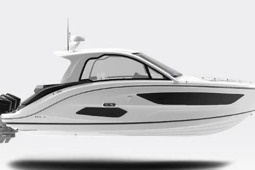 Slide: The Image of 2026 Sea Ray Sundancer 370 Outboard displayed outdoors with palm trees in the background. - 1
