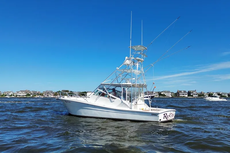 Slide: The Image of 2006 Topaz 40 Express boat on water, clear blue sky, coastal homes in background. - 12
