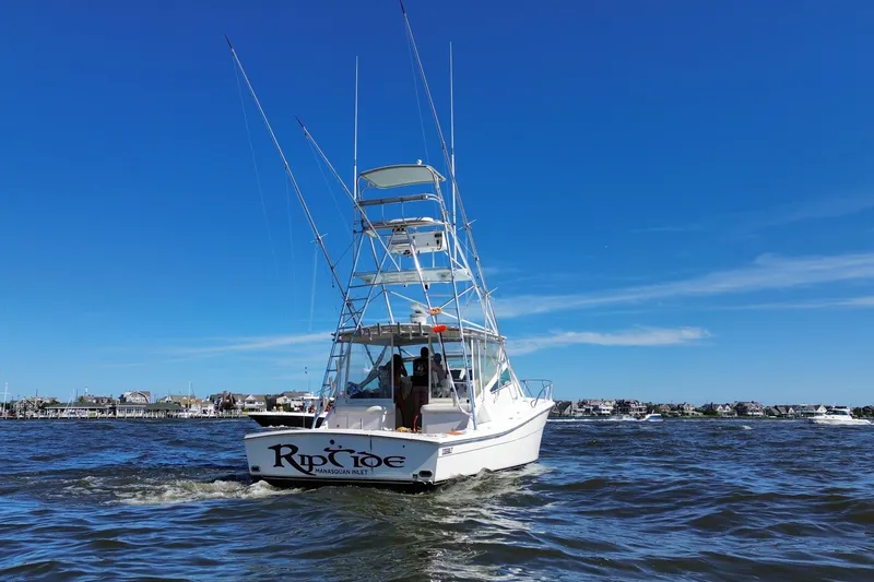 Slide: The Image of 2006 Topaz 40 Express boat cruising on open water under clear blue sky. - 4