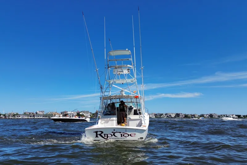 Slide: The Image of 2006 Topaz 40 Express boat cruising on a sunny day near coastal homes. - 5