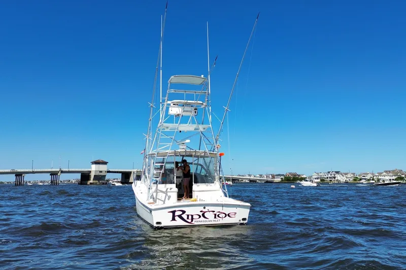 Slide: The Image of 2006 Topaz 40 Express boat on water near bridge under clear blue sky. - 6