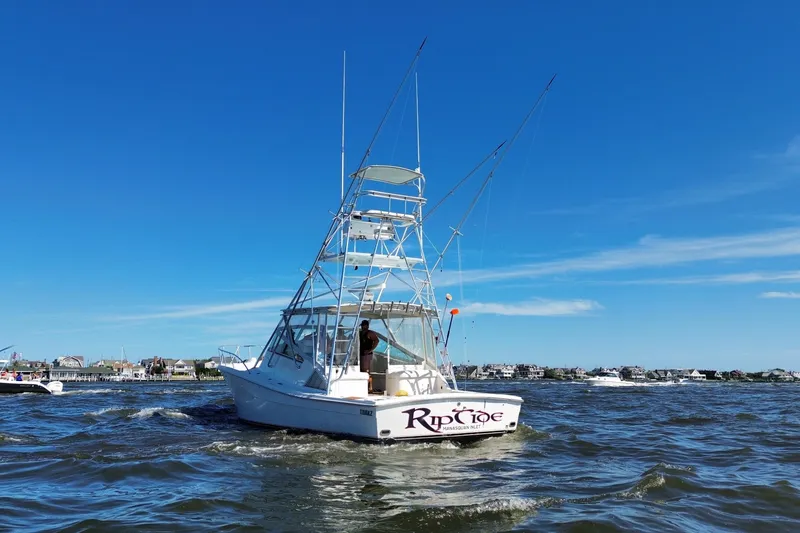 Slide: The Image of 2006 Topaz 40 Express boat cruising on open water under clear blue sky. - 7