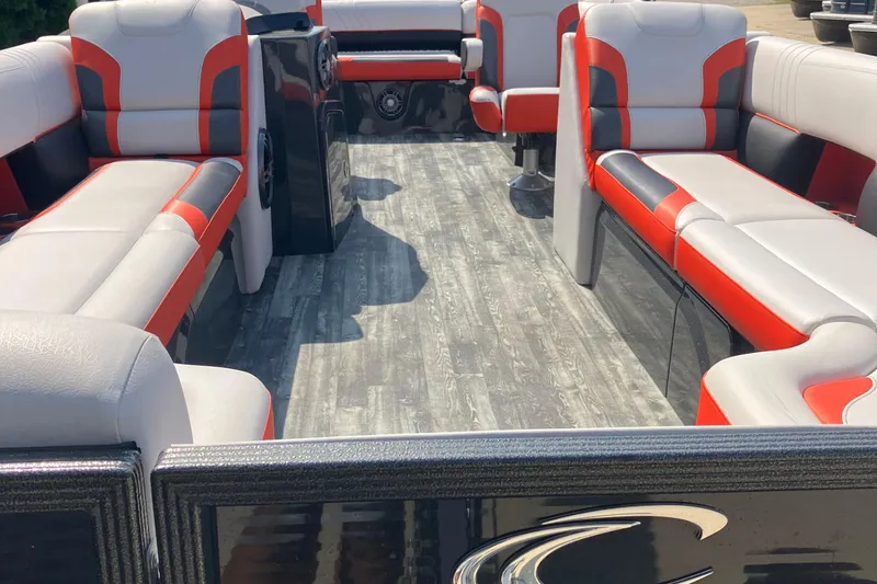 Slide: The Image of Interior of 2020 Crest Caribbean RS 250 SLS pontoon boat with stylish seating. - 2