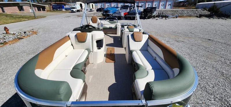 Slide: The Image of 2024 Avalon Platinum LSZ 2385 Elite pontoon boat with spacious seating and modern design. - 11