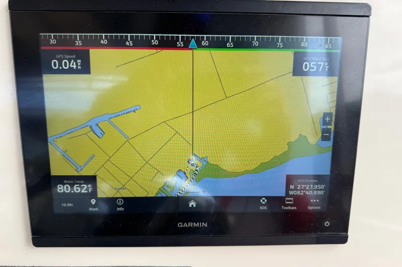 Slide: The Image of Garmin GPS display on 2022 Guthrie Boatworks A&M Custom Pontoon, showing navigation map and data. - 47