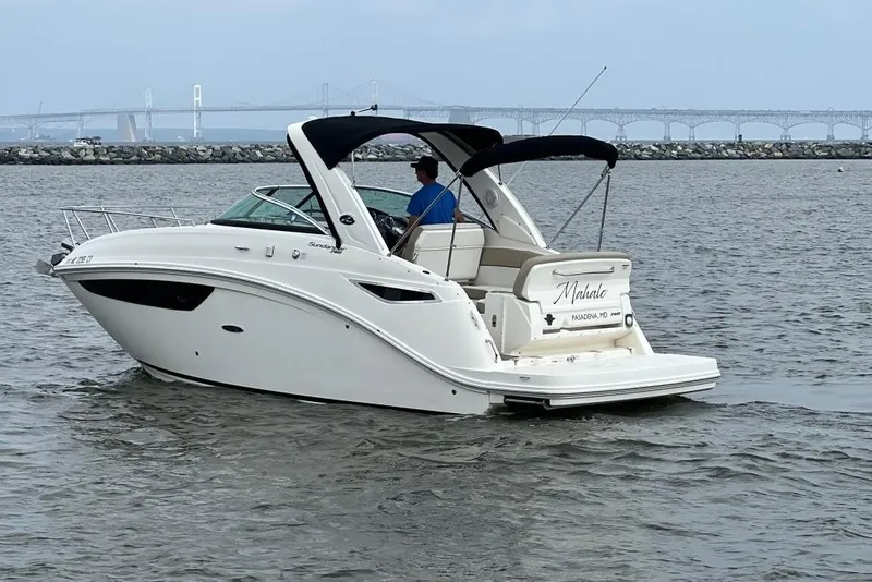 Slide: The Image of 2015 Sea Ray 260 Sundancer boat on water with bridge in background. - 8