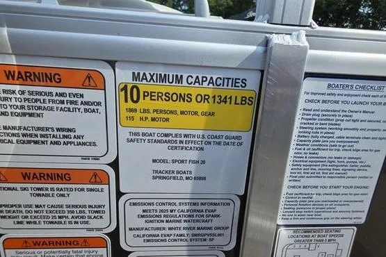 Slide: The Image of 2025 Sun Tracker Sportfish™ 20 DLX capacity label, 10 persons or 1341 lbs, 115 HP motor. - 16
