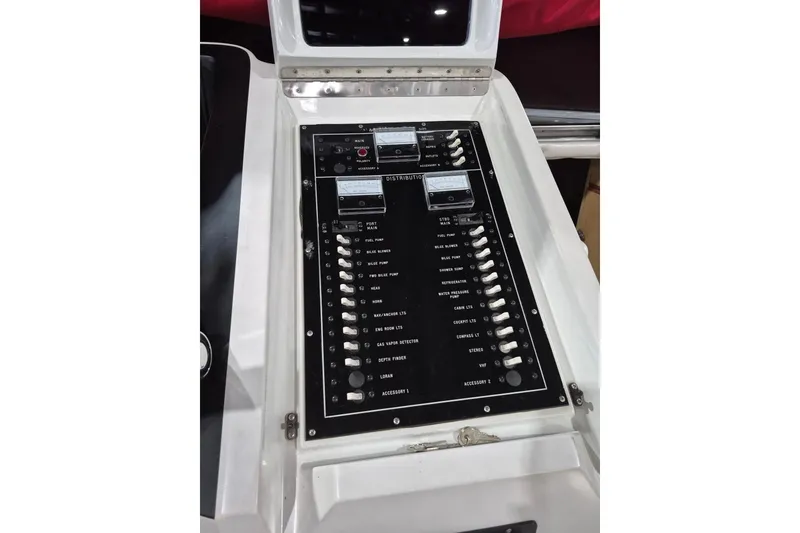 Slide: The Image of Control panel of a 1982 Magnum 40 boat with labeled switches and gauges. - 38