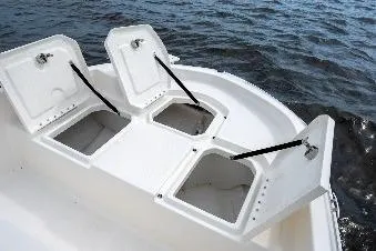 Slide: The Image of 2026 Bayliner T18 LE boat storage compartments open by the water. - 47