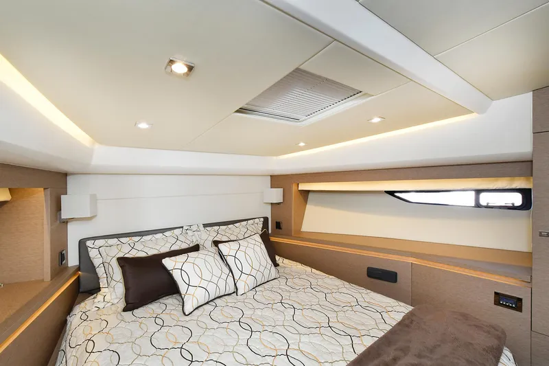 Slide: The Image of Luxurious bedroom interior of 2018 Prestige 560 Fly yacht with modern design and cozy bedding. - 37
