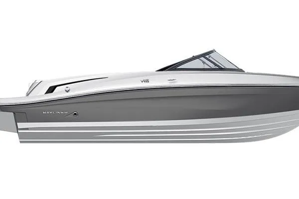 Slide: The Image of 2026 Bayliner VR6 boat, sleek design, gray and white exterior, side view. - 2