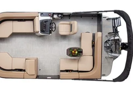 Slide: The Image of 2026 Lowe LS 170 pontoon boat in a showroom, featuring sleek design and modern amenities. - 2