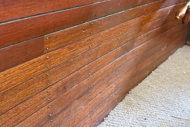 Slide: The Image of Close-up of 1904 Fay & Bowen Torpedo Launch wooden hull detail. - 14