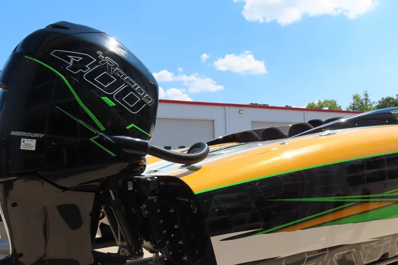 Slide: The Image of 2019 Wright Performance WP 360 boat with Mercury Racing 400 engine, vibrant design. - 5