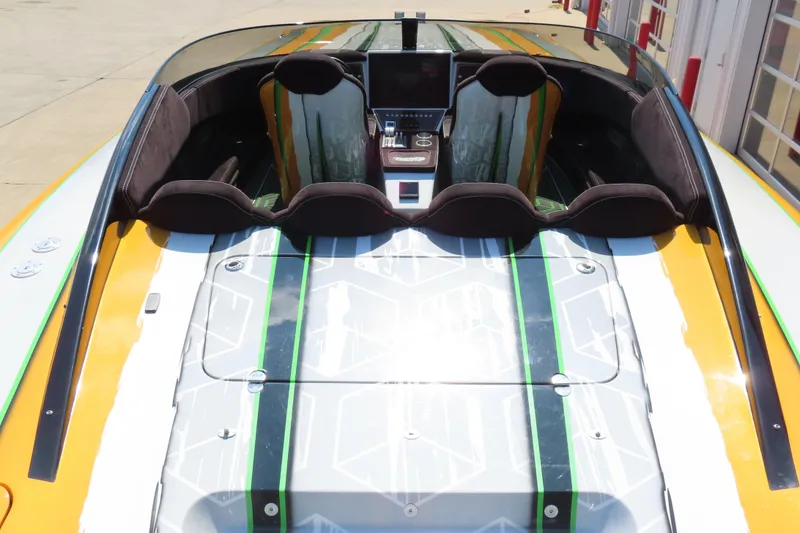 Slide: The Image of 2019 Wright Performance WP 360 boat interior with sleek design and modern dashboard. - 9