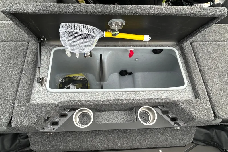 Slide: The Image of 2026 Lund 1875 Pro-V boat livewell with net and cup holders. - 15