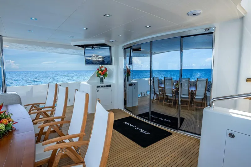 Slide: The Image of Luxurious Horizon RP120 yacht deck with ocean view, featuring elegant seating and dining area, 2017 model. - 14