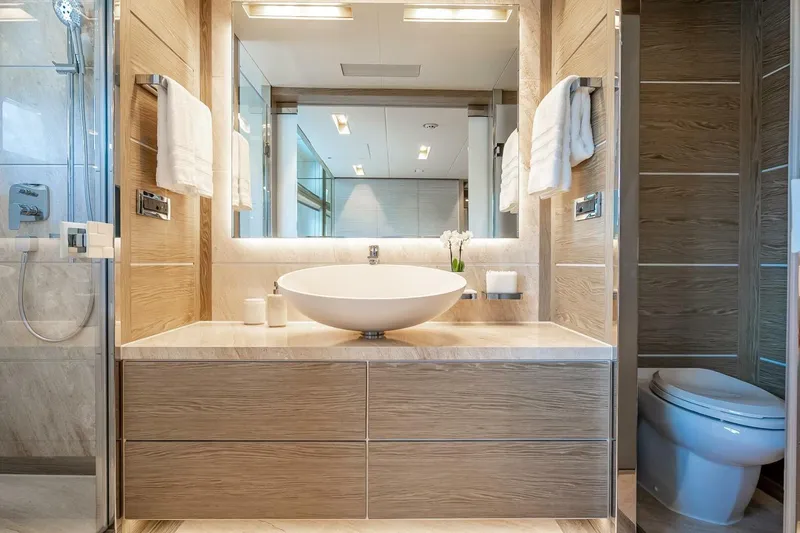 Slide: The Image of Luxurious bathroom in 2017 Horizon RP120 yacht with modern fixtures and elegant design. - 52
