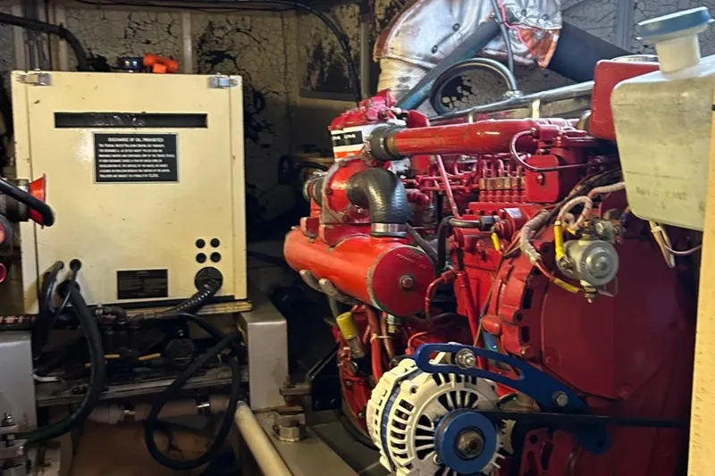 Slide: The Image of Engine room of a 1985 Grand Banks 42 Classic with red machinery and equipment. - 34