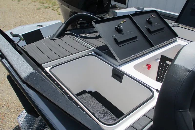 Slide: The Image of 2026 Vexus AVX1980 boat storage compartments with open lids, showcasing interior design. - 19