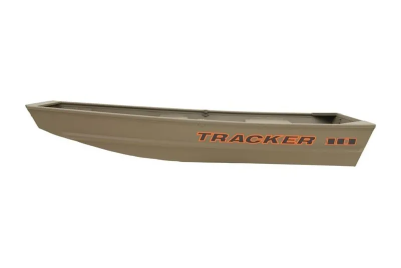 Slide: The Image of 2026 Tracker Grizzly® 1036 Utility boat, side view, beige color with orange logo. - 4