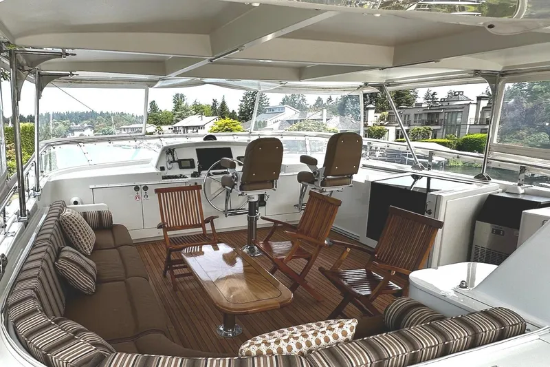 Slide: The Image of Helm of 2001 Rayburn Flush Deck yacht with navigation screens and wooden steering wheel. - 21