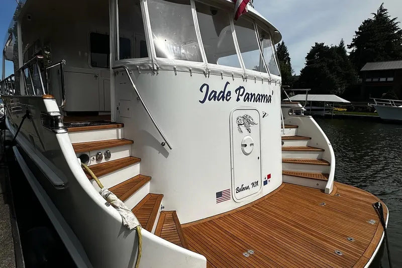 Slide: The Image of Luxurious bathroom on 2001 Rayburn Flush Deck yacht with elegant wood cabinetry and mirrors. - 28