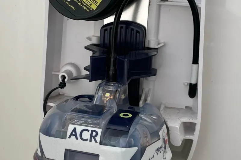 Slide: The Image of Luxurious bathroom on 2001 Rayburn Flush Deck yacht with wood accents and glass shower. - 39