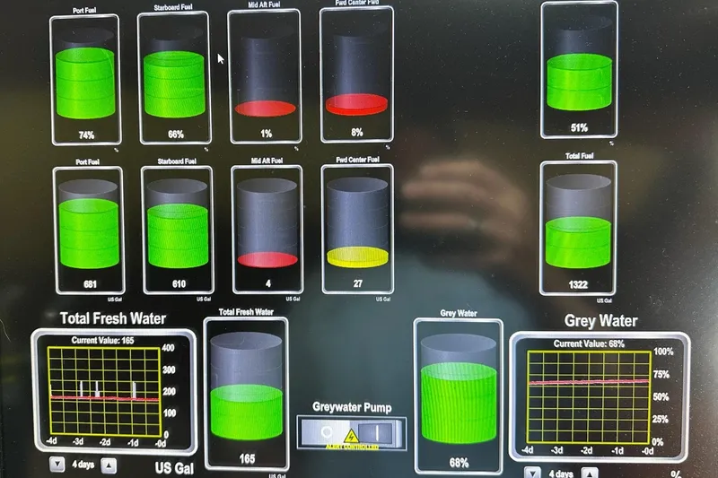 Slide: The Image of Helm of 2001 Rayburn Flush Deck yacht with navigation equipment and ocean view. - 43