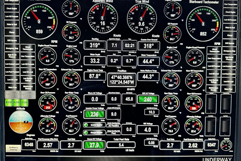 Slide: The Image of Luxurious 2001 Rayburn Flush Deck yacht interior with seating, table, and scenic water view. - 44