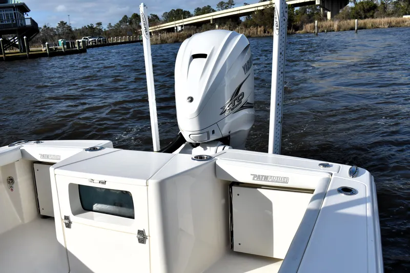 Slide: The Image of 2024 Pathfinder 2700 Open boat with Yamaha outboard motor on a river. - 18