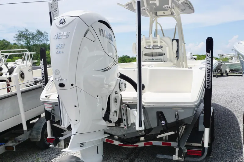 Slide: The Image of 2024 Pathfinder 2700 Open boat with Yamaha 425 V8 engine, displayed on a trailer. - 4