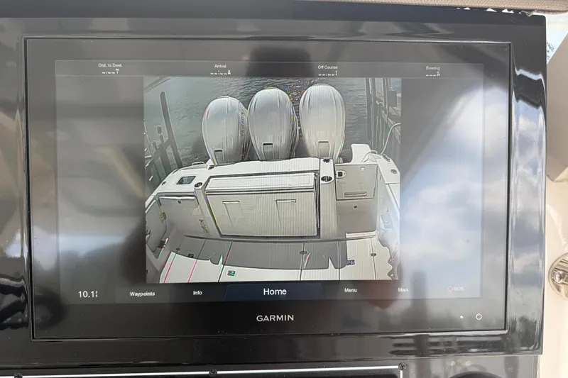 Slide: The Image of Garmin display on 2022 Pursuit S 378 Sport boat showing rear view camera. - 47
