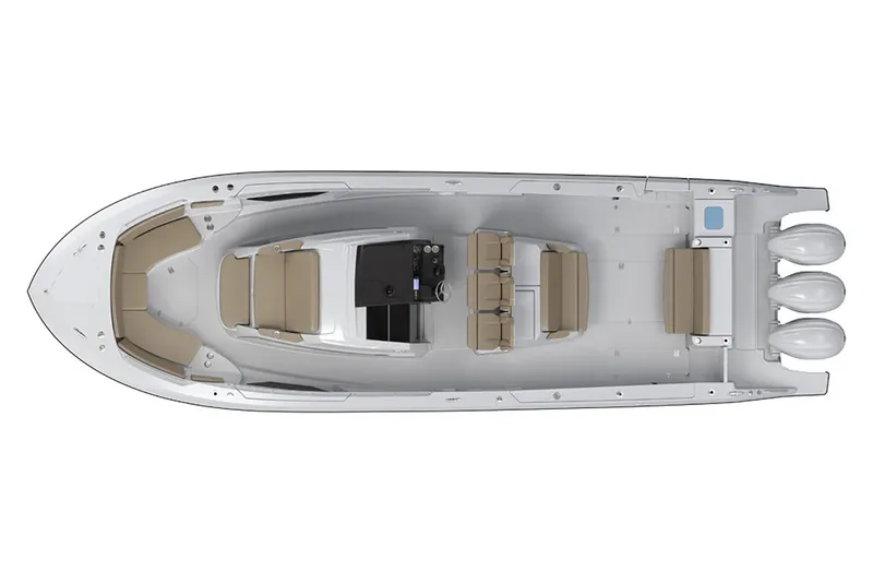 Slide: The Image of Manufacturer Provided Image: Top view of a 2022 Pursuit S 378 Sport boat with triple outboard engines. - 70