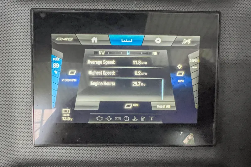 Slide: The Image of Dashboard display of 2023 Yamaha Boats AR190 showing speed, engine hours, and fuel level. - 20